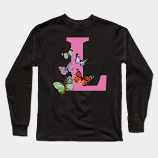 Letter pink L with colorful butterflies Long Sleeve T-Shirt